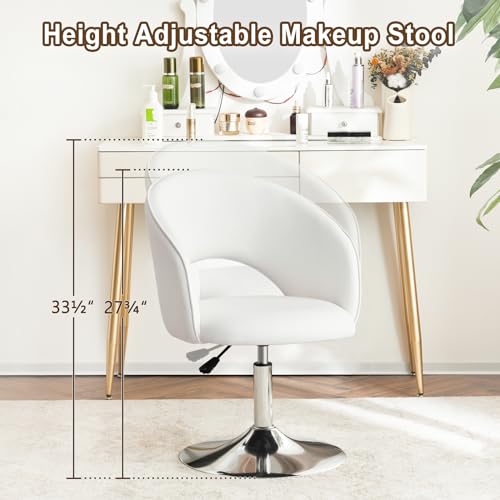 Vanity Chair White Leather Vanity Stool, Height Adjustable Accent Chair with Back, Round Swivel Makeup Chair for Living Room Bedroom Vanity Makeup Room (PU White)