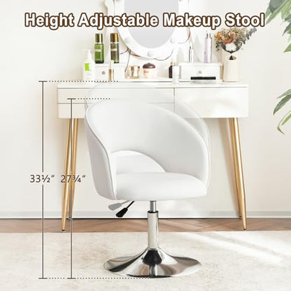 Vanity Chair White Leather Vanity Stool, Height Adjustable Accent Chair with Back, Round Swivel Makeup Chair for Living Room Bedroom Vanity Makeup Room (PU White)