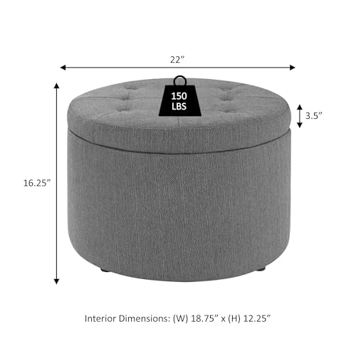 Designs4Comfort Round Shoe Ottoman 22" - Upholstered Footstool, Small Table, & Seat with Storage Compartment for Living Room, Entryway, Bedroom, Sandstone Fabric