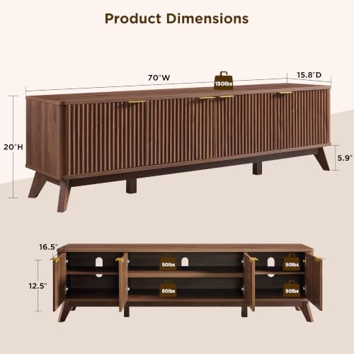 70" Mid Century Modern Fluted TV Stand,4-Door Storage, Light Walnut, view 3