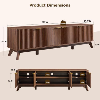 70" Mid Century Modern Fluted TV Stand,4-Door Storage, Light Walnut, view 3