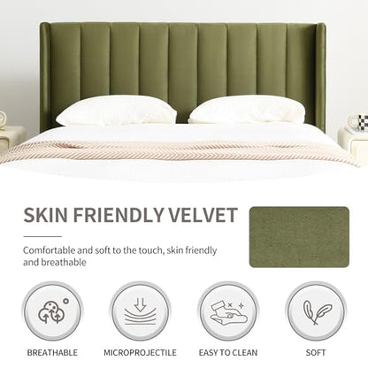 Queen Bed Frame，Platform Bed with Upholstered Headboard，GrassGreen, view 6