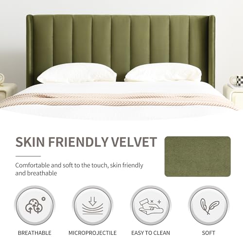 Full Bed Frame，Platform Bed with Upholstered Headboard，Grass Green, view 6