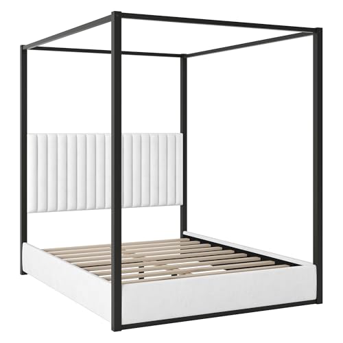 RuiSiSi Queen Size Metal Canopy Bed with Tall Upholstered Headboard, Black, view 4