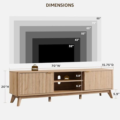 70" Mid Century Modern Fluted TV Stand w/ 2 Soft Close Door,Natural Oak | Entertainment Center, Sideboard, Media console for Living Room with Adjustable Shelves