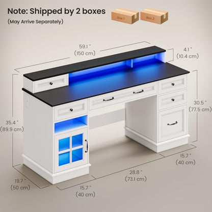 Farmhouse Executive Desk with Drawers Computer Desk with File Drawers, Power Outlet and Led Lights, Executive Office Desk with Storage Cabinet and Monitor Shelf for Home Office, White