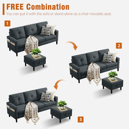 80" Convertible Sectional Sofa Couch with Movable Ottoman, 3 Seats Sectional Sofas L Shaped Couch for Small Spaces, Soft Fabric Couch for Living Room (Dark Grey)
