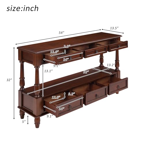 54'' Solid Wood Console Table, Farmhouse Entryway Table with 6 Drawers and Shelf, Narrow Long Sofa Table with Storage for Living Room Hallway, Couch, Foyer (Cherry)