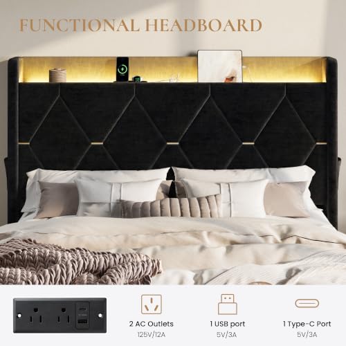 Queen Size Bed Frame with Storage Drawer & LED Lights, Black, view 6