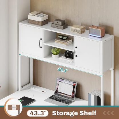 White L Shaped Office Desk, Farmhouse Home Office Desk with Fabric File Drawers and Power Outlet, Corner Gaming Desk with LED Lights, Hutch and Storage Shelves