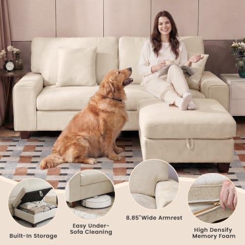 L-Shaped Sectional Sofa with Storage Ottoman, Modern Chenille Recliner Loveseat, Removable Couch Covers, Pocket Spring Cushions, Solid Wood Frame, Easy to Install (71.25inch, Beige)
