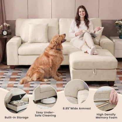 L-Shaped Sectional Sofa with Storage Ottoman, Modern Chenille Recliner Loveseat, Removable Couch Covers, Pocket Spring Cushions, Solid Wood Frame, Easy to Install (71.25inch, Beige)