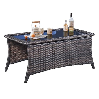 Outdoor Coffee Table with Tempered Glass Top, Patio Rectangular Brown Wicker, Handwoven Rattan Coffee Table Compatible with Patio Furniture Sets for Porch Deck Backyard