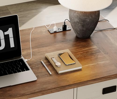 60-inch Vintage Farmhouse Desk with Charging Station &3 Deep Drawers, view 7