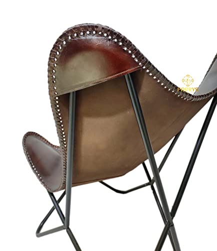 Leather Butterfly Chair with Folding Iron Frame - Handmade Dark Brown Accent Lounge Chair for Living Room, Bedroom, Patio