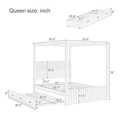 Modern Queen Size Canopy Platform Bed with Trundle & 3 Storage Drawers, view 4
