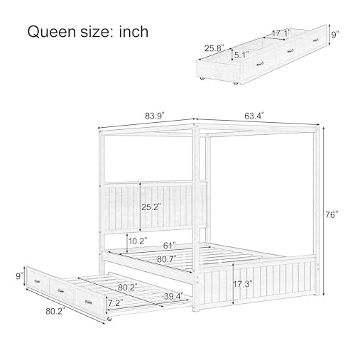 Queen Size Canopy Bed with Trundle and 3 Storage Drawers, view 3