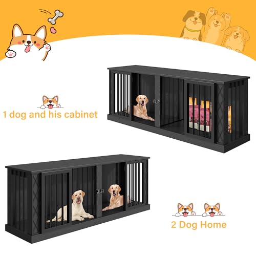 86.6" Wooden Double Dog Crate Furniture for 2 Large Dogs, Black, view 6