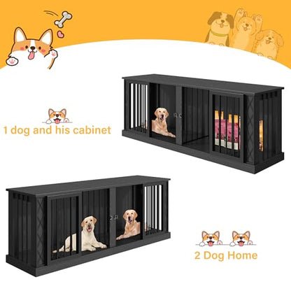 86.6" Wooden Double Dog Crate Furniture for 2 Large Dogs, Black, view 6