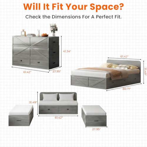4-in-1 Queen Murphy Bed with Mattress Included & Extra Large Drawers, Multifunctional Cabinet Bed that Converts to Sofa Set for Small Spaces/Guest Bedroom/Living Room, Grey