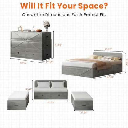 4-in-1 Queen Murphy Bed with Mattress Included & Extra Large Drawers, Multifunctional Cabinet Bed that Converts to Sofa Set for Small Spaces/Guest Bedroom/Living Room, Grey
