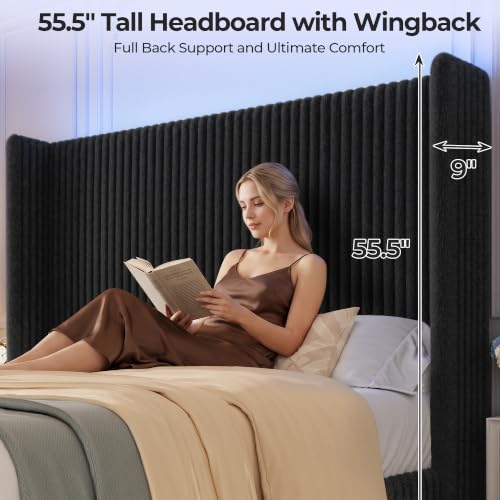 King Size 55" Tall Upholstered Bed Frame with Wingback Headboard, view 6