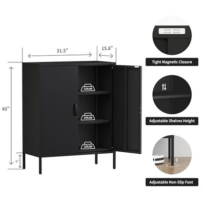 2 Door Metal Storage Cabinet with 2 Shelves, 3 Tier Garage Storage Locker Cabinet for Home, Entryway, Hallway and Office, Assembly Required, Black, (LC-CSG)