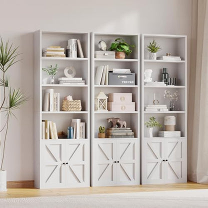 6 Tier 71" Tall Wooden Bookshelf&Bookcase with Doors, Storage Shelves Organizer, Floor Standing Modern Display Cabinet Shelves, Home Decor Furniture for Home Office, Living Room, Bedroom, White