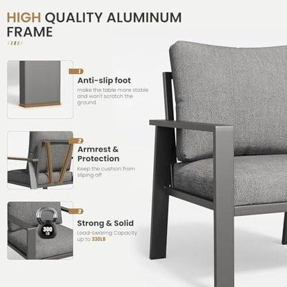 4-Piece Aluminum Patio Conversation Sets All-Weather Sectional Outdoor Furniture Set with Coffee Table & Cushions with Removable Covers for for Backyard, Garden and Poolside Easy Assembly(Gray)