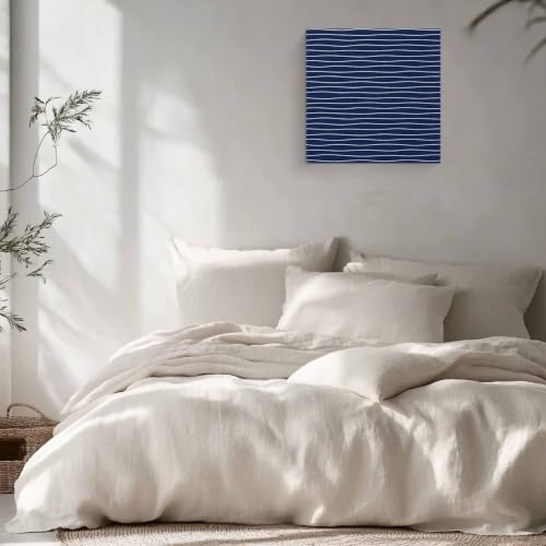 Modern Navy Blue Wavy Stripe Canvas Print Wall, Abstract Trend Rippling Water Lines Framed Canvas Art Wall Decor Pictures Painting Artwork for Living Room Bedroom, Ready to Hang, 28" x 28"