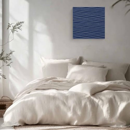 Modern Navy Blue Wavy Stripe Canvas Print Wall, Abstract Trend Rippling Water Lines Framed Canvas Art Wall Decor Pictures Painting Artwork for Living Room Bedroom, Ready to Hang, 28" x 28"