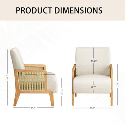 Modern Accent Chair with Rattan Armrest, Linen Fabric Arm Chair with Ash Wood Legs, White Accent Chair for Living Room, Bedroom, Balcony
