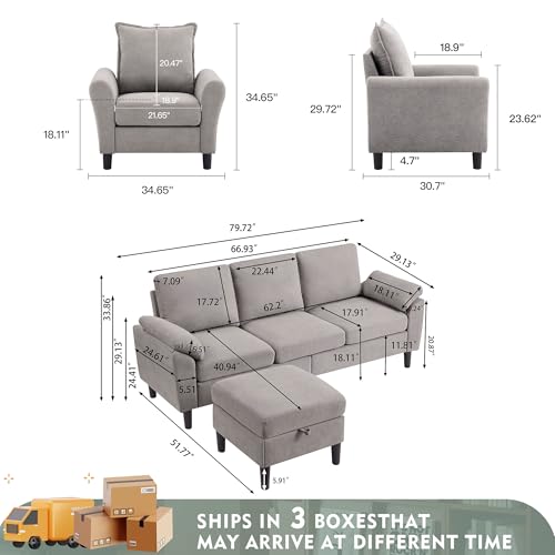 79" Convertible Sectional Sofa Set, Modern Linen Small L Shaped Couch with Reversible Ottoman and Accent Chair, 3-Seat Sofa Couches for Living Room, Office, Apartment, Light Grey