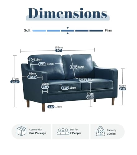 60" Faux Leather Sofa, Loveseat Couch, Mid Century Modern Love Seat Couches with Solid Wood Frame for Living Room Bedroom