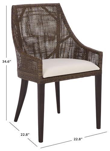 SAFAVIEH Home Collection – Maro Dark Brown Rattan Arm Chair with Ivory Seat Cushion, Modern Curved Silhouette, Fully Assembled (ACH4905A)