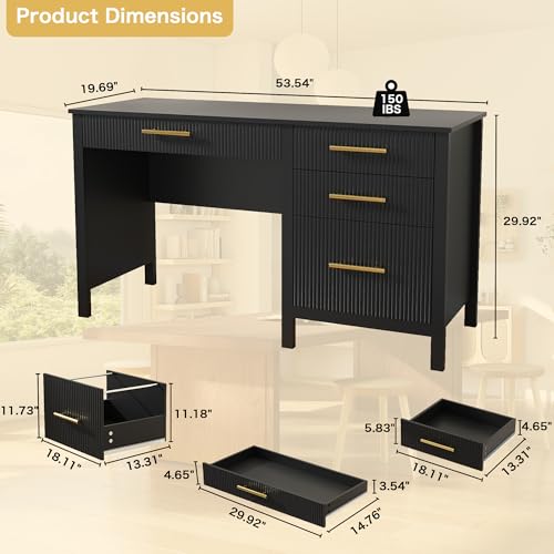Executive Desk with Drawers: 54" Black Home Office Desks with File Drawer, view 3