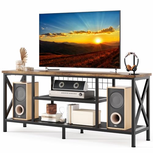 59.8" Industrial TV Stand for 55-65 Inch TVs, Rustic Brown, 3-Tier Media Entertainment Center with Open Shelves, Metal Frame, Sofa Table for Living Room, Bedroom, Office