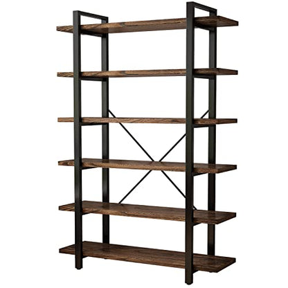 Solid Wood Bookcase and Book Shelves Wood and Metal Shelving Unit 6 Tier Bookshelf Modern Rustic Open Bookshelf Office,Distressed Brown (AY-02-6Tier)