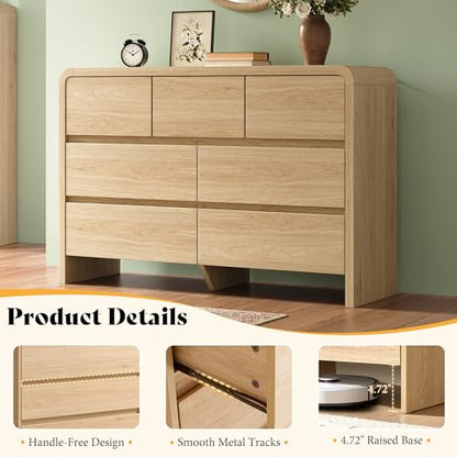 Modern 3-Piece Bedroom Furniture Set with 7-Drawer Dresser and 2 Nightstands, Large Storage Capacity, Rounded Corners, Flexible Combination Design, Anti-Tip Kit Included, Light Oak