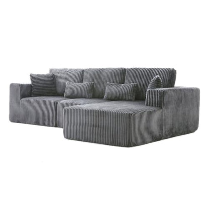 109" Modular L-Shaped Corner Cloud Sofa Corduroy Modular Couches with Deep Seat, 3 Pieces Compressed Boneless Sofa W/Right Chaise Lounge and 4 Pillows for Living Room