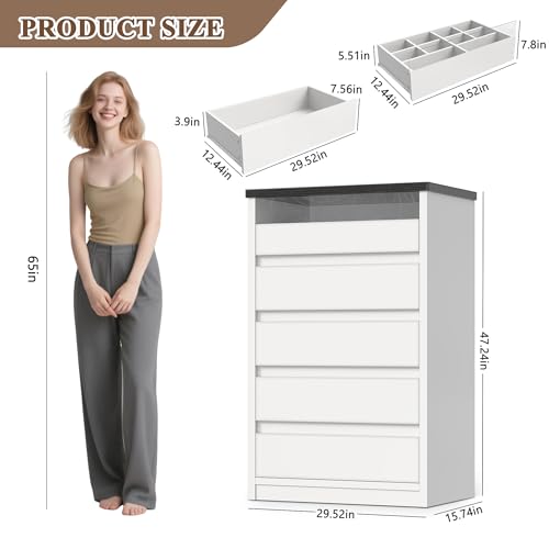 White 5 Drawer Dresser for Bedroom with LED Light & Deep Drawers, view 3