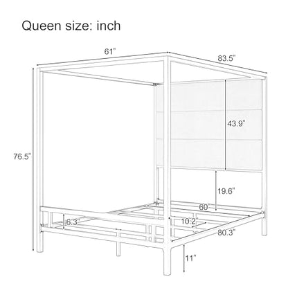 Queen Size Gold Metal Canopy Bed Frame, 76.5" Tall Linen Upholstered Headboard, view 3