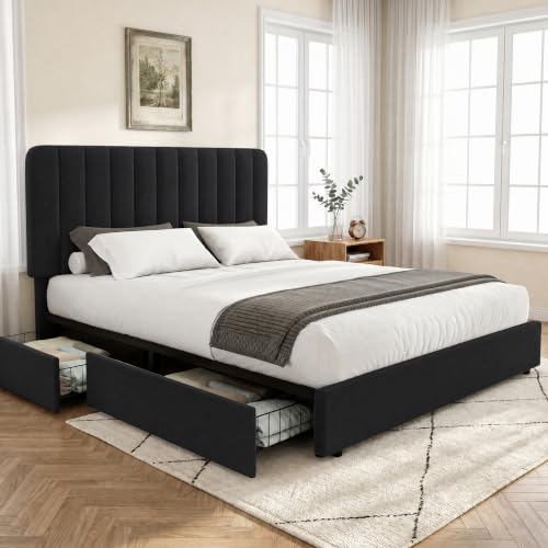 Queen Size Upholstered Bed Frame with 4 Drawers and Headboard, view 2