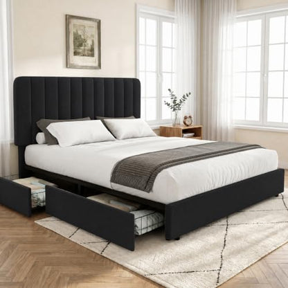 Queen Size Upholstered Bed Frame with 4 Drawers and Headboard, view 2