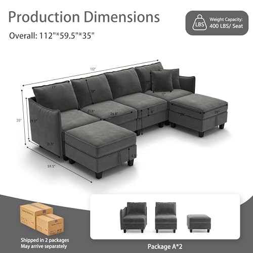 112" Modular U-Shaped Sectional Sofa, Modern 6-Seat Cloud Couch with 2 Storage Ottomans, Comfy Chenille Convertible Furniture Set for Living Room, Apartment, Easy Assembly, Dark Grey