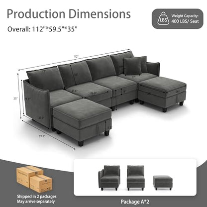 112" Modular U-Shaped Sectional Sofa, Modern 6-Seat Cloud Couch with 2 Storage Ottomans, Comfy Chenille Convertible Furniture Set for Living Room, Apartment, Easy Assembly, Dark Grey