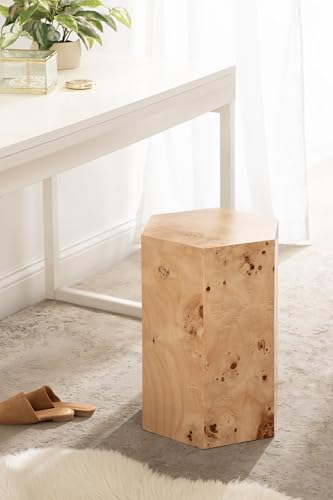 Berkett Hexagon Burlwood Side Table, 14 x 12 x 19, Natural Wood, Transitional End Table for Use as Burlwood Nightstand, Living Room Pedestal Table, or Dorm Room Vanity Stool