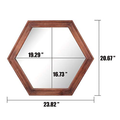 Decorative 24" Hexagon Wall Mirror with Redwood Frame and Attached Hanging Bracket, Decorative Country Rustic Decor for The Living Room, Bedroom, Bathroom, Hallway, and Entryway