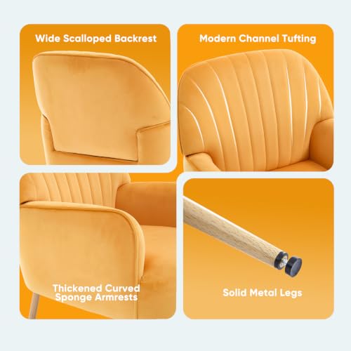 Velvet Accent Chair, Mid Century Modern Accent Chairs for Living Room, Comfy Upholstered Armchair with Metal Legs for Bedroom/Apartment/Office/Waiting Room, Yellow
