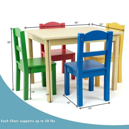 Kids Wooden Table and 4 Chairs Set, Natural/Primary - Kids Table and Chair Set for Toddlers and Children for Arts, Crafts, and Snack Time - Sturdy, Durable Toddler Activity Table